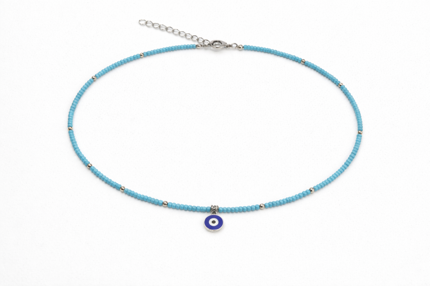 Collier Fin En Perles De Rocaille Turquoise Avec Pendentif Oeil Bleu