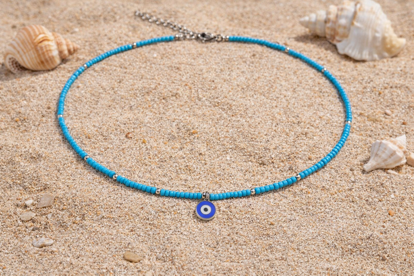 Collier Fin En Perles De Rocaille Turquoise Avec Pendentif Oeil Bleu