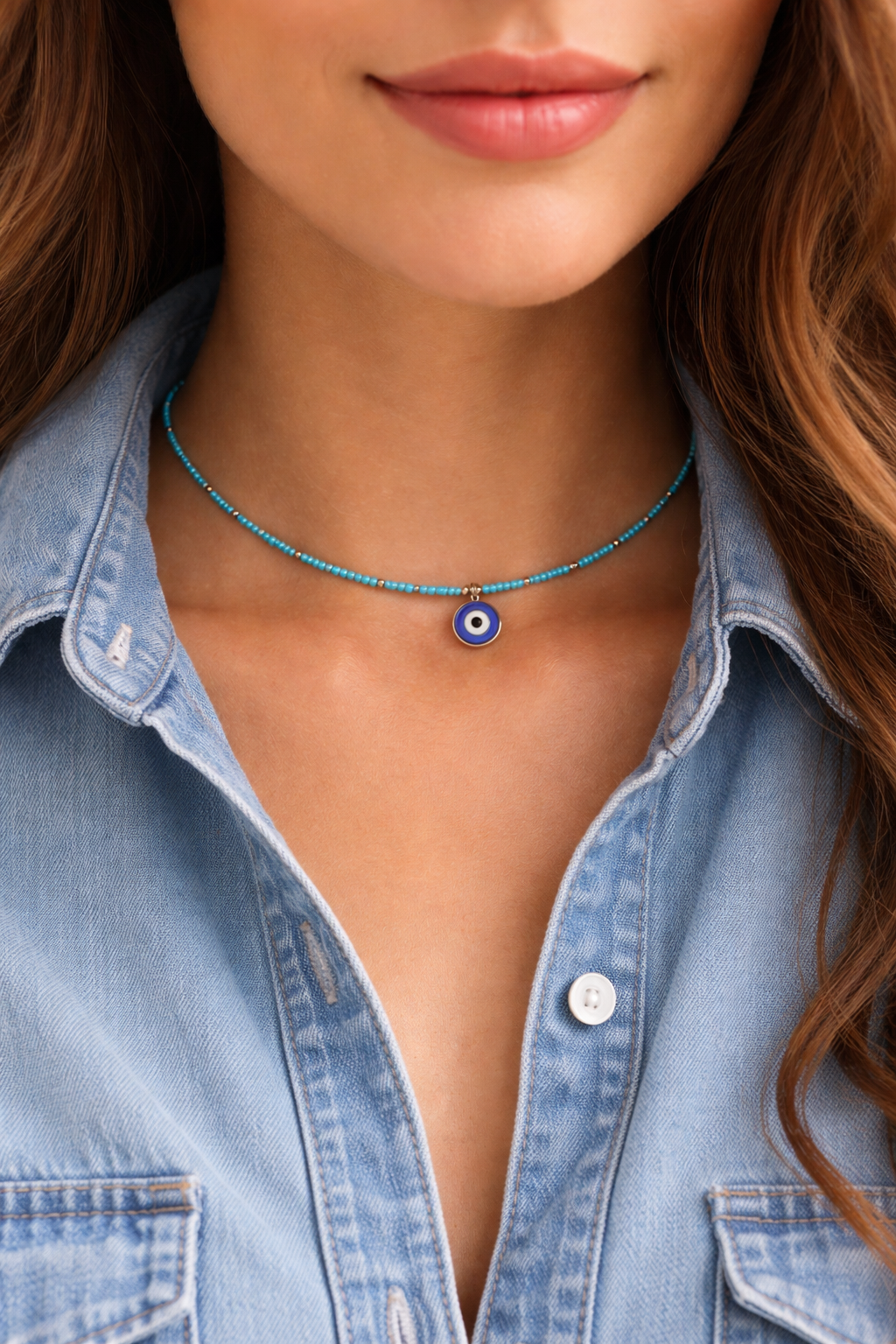 Collier Fin En Perles De Rocaille Turquoise Avec Pendentif Oeil Bleu