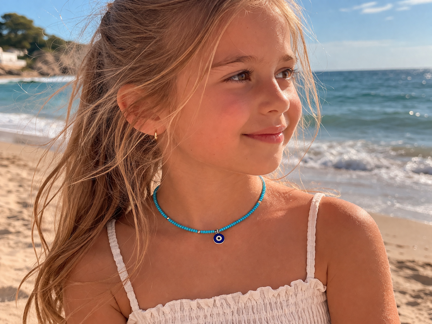 Collier Fin En Perles De Rocaille Turquoise Avec Pendentif Oeil Bleu