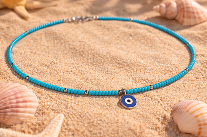 Collier Fin En Perles De Rocaille Turquoise Avec Pendentif Oeil Bleu