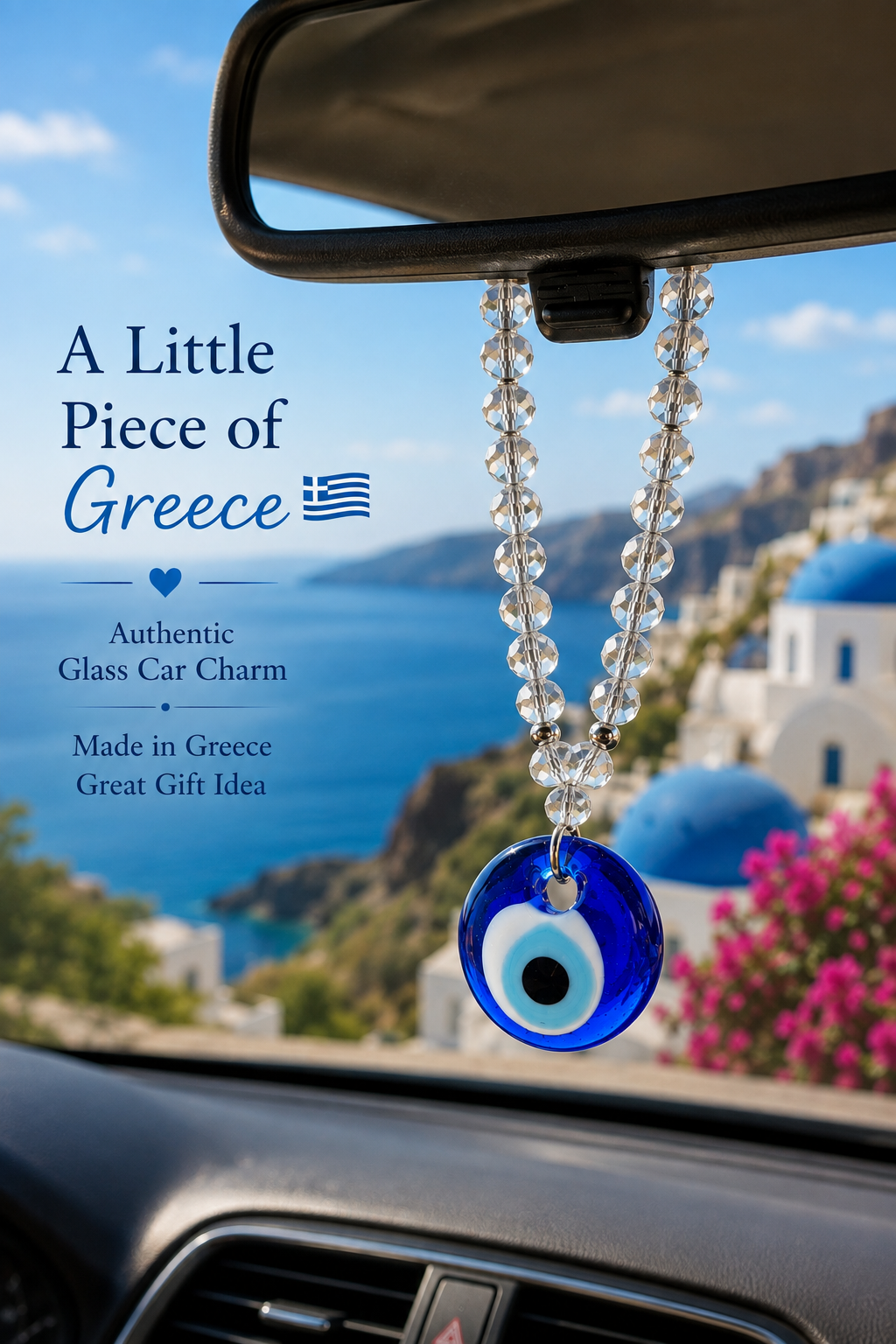 Greek Evil Eye Car Charm, Authentic Glass Nazar, Rearview Mirror Hanging, Crystal Beads,