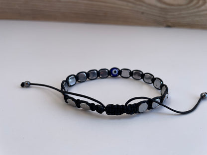 Blue Eye & Silver Hematite Bracelet – Protection & Elegance