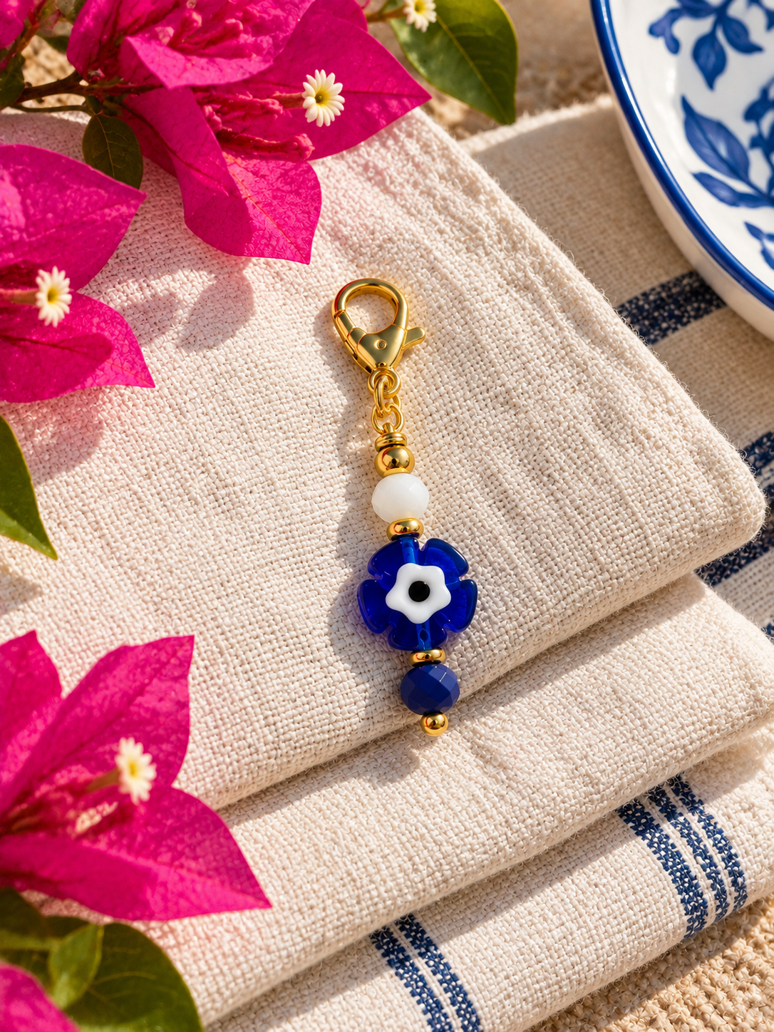 Blue Evil Eye Flower Bag Charm – Greek Inspired Bag Accessory – Handmade Gift