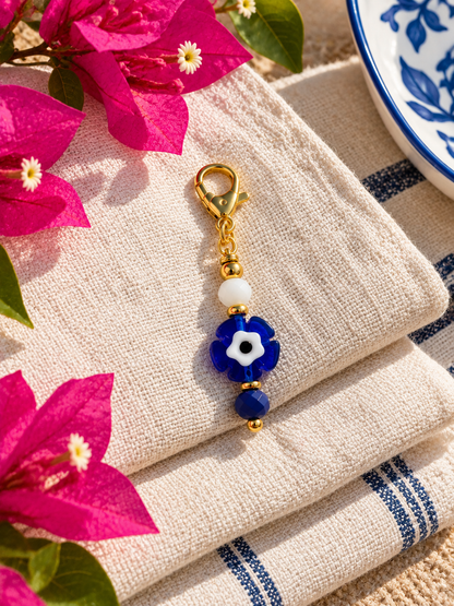 Blue Evil Eye Flower Bag Charm – Greek Inspired Bag Accessory – Handmade Gift