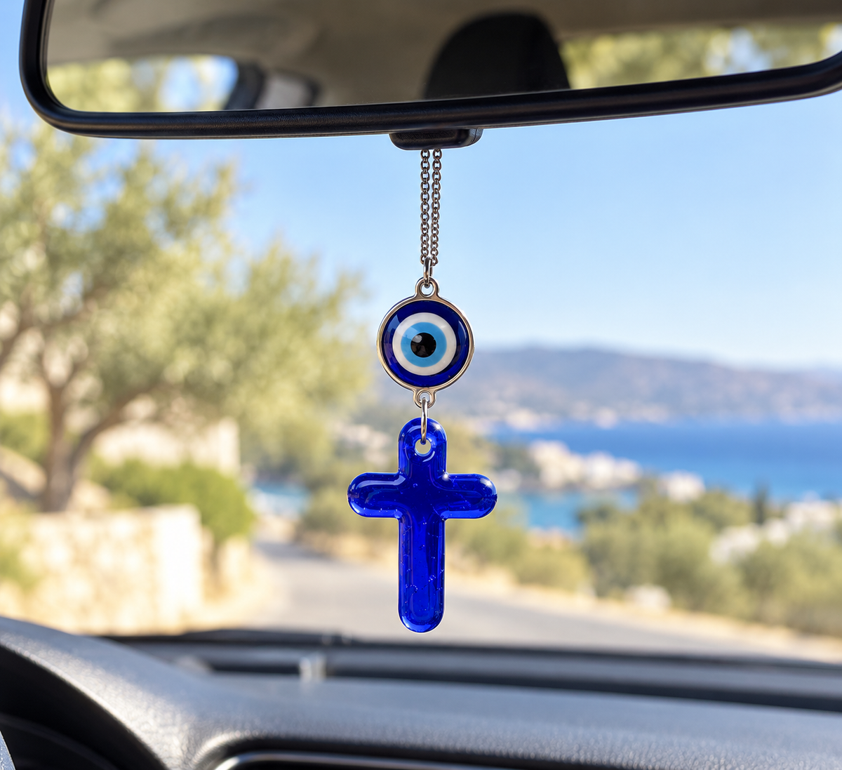 Greek Evil Eye & Cross Car Mirror Charm