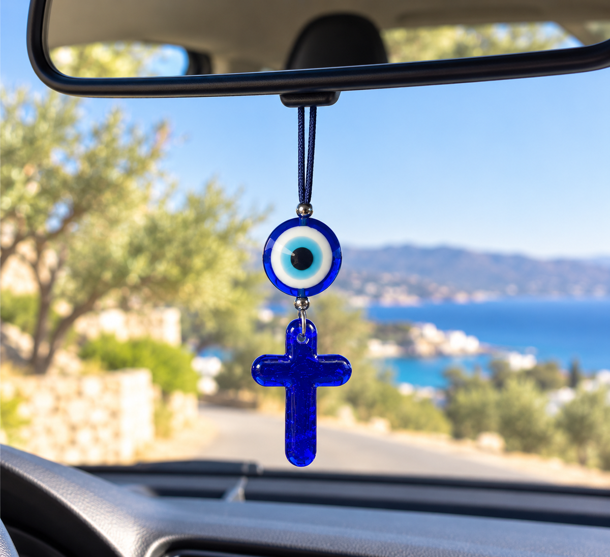 Greek Evil Eye & Cross Car Mirror Charm