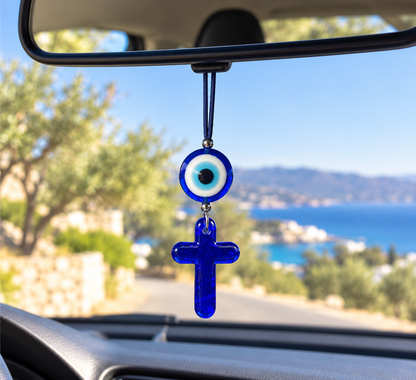 Greek Evil Eye & Cross Car Mirror Charm