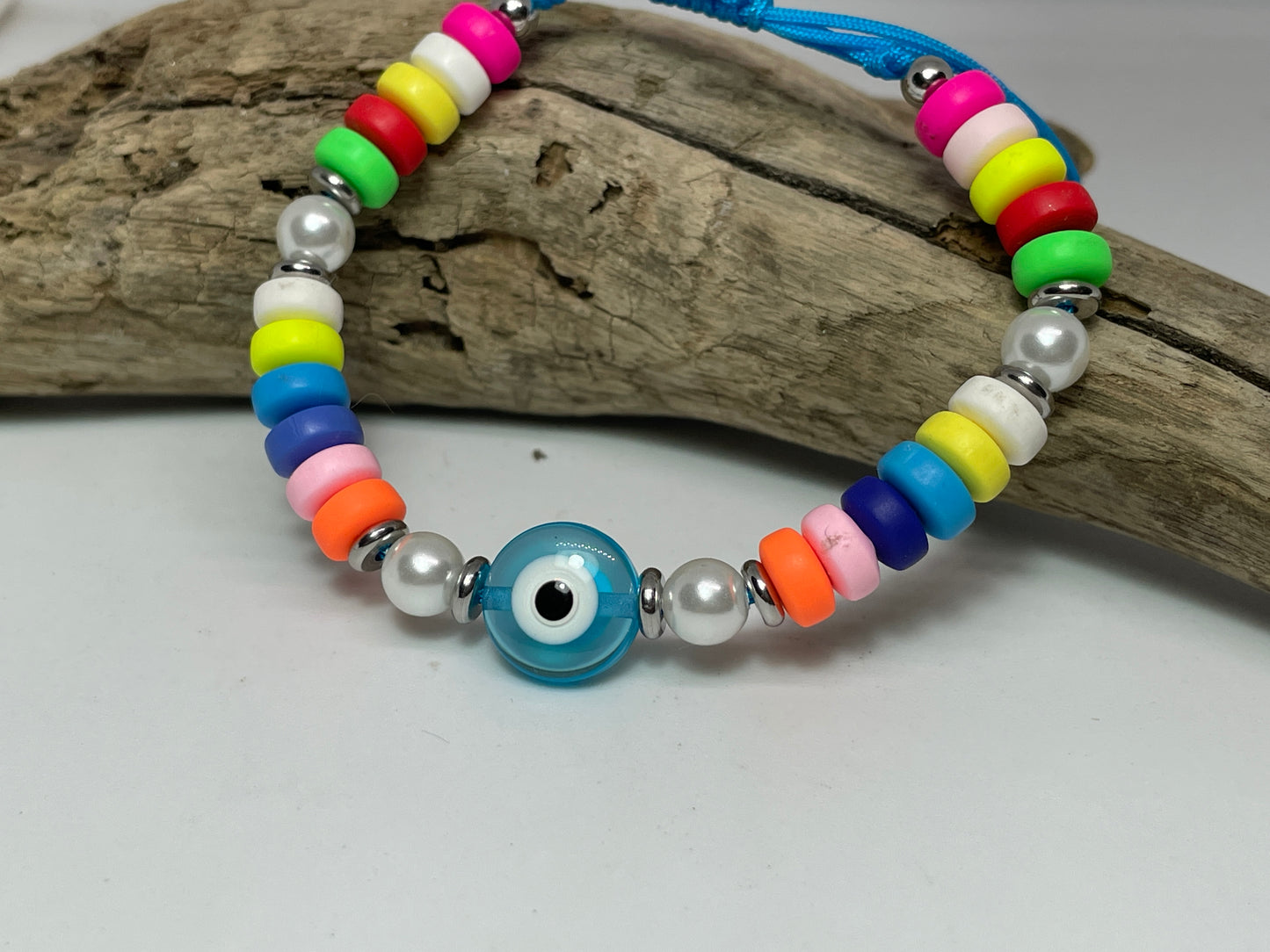 Bracelet œil bleu multicolore en perles caoutchouc - Cadeau pour Elle
