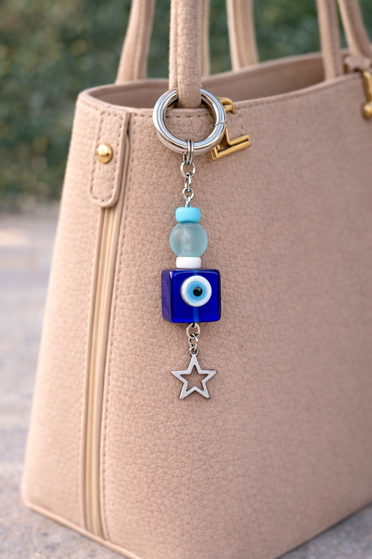 Handbag with an evil eye keychain featuring a blue bead and star charm.