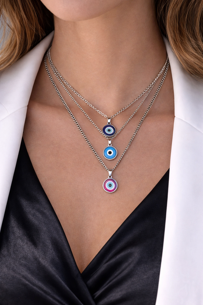Collier Oeil Bleu en Acier 6 Couleurs Au Choix 