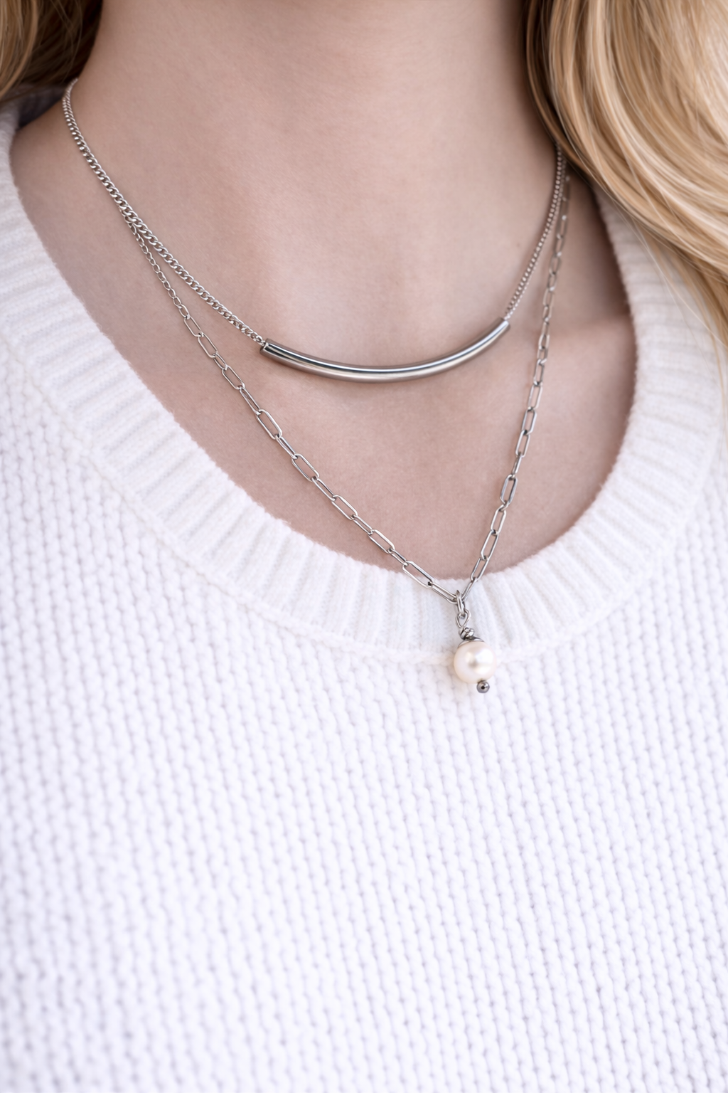 Tube & Swarovski Pearl Layering Necklace - Stainless Jewelry - Gift for Her