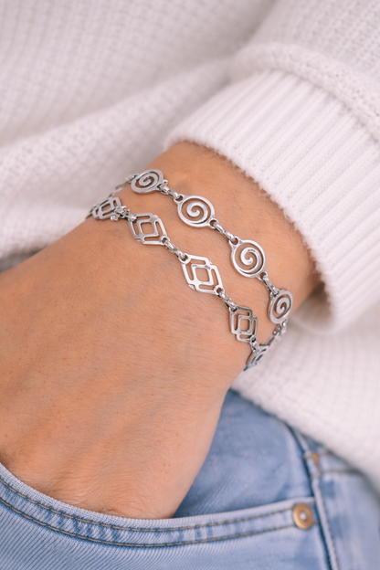 Stainless Steel Spiral & Rhombus Bracelet – Waterproof Adjustable Women Jewelry