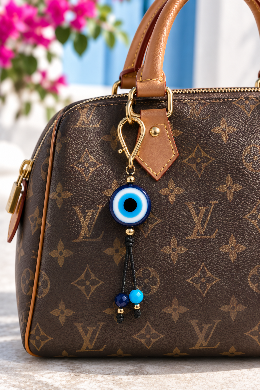 Greek Evil Eye Bag Charm – Gold-Plated Brass, Resin & Glass Beads