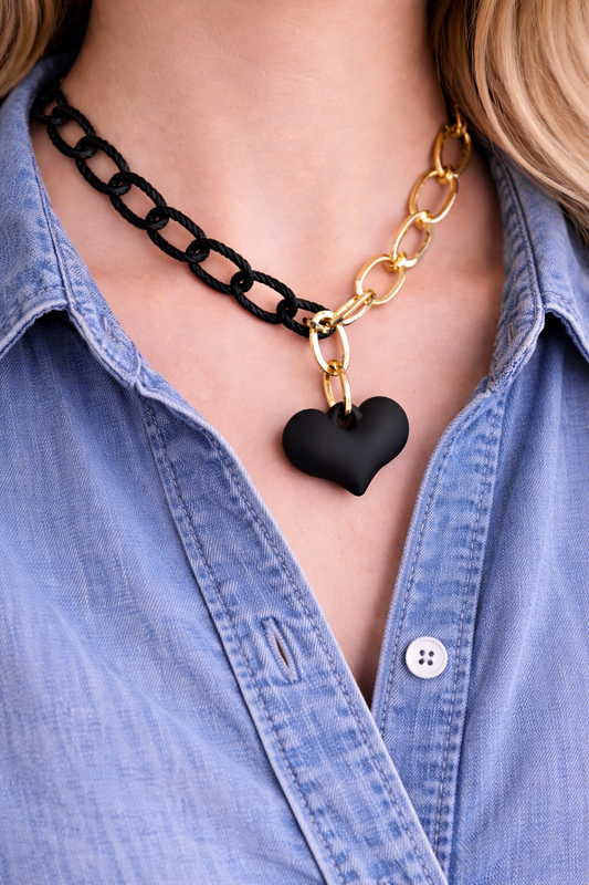 Heart Necklace - Heart Statement Necklace - Large Black Puffed Heart Necklace