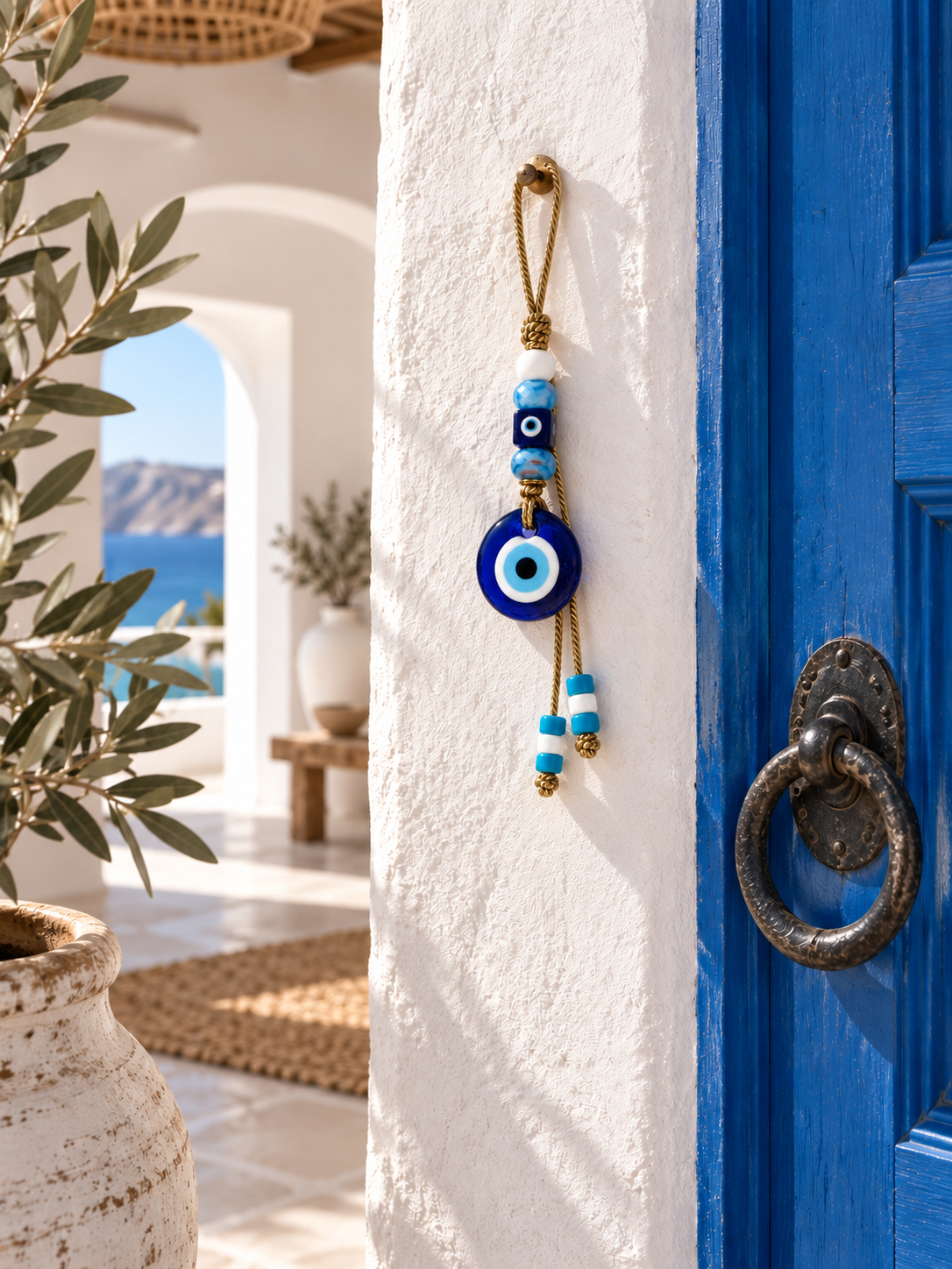 The evil eye wall hanging is displayed against a white textured wall beside a blue wooden doorway and an olive branch in a pot.