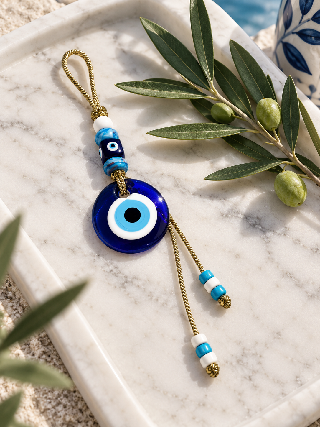 An evil eye glass charm rests on a white marble tray alongside an olive branch.