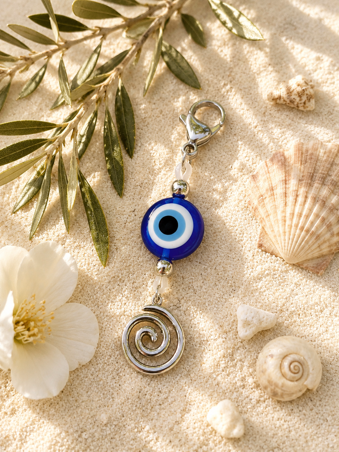 Greek Evil Eye Bag Charm – Handmade Lucky Keychain with Stainless Steel Accents