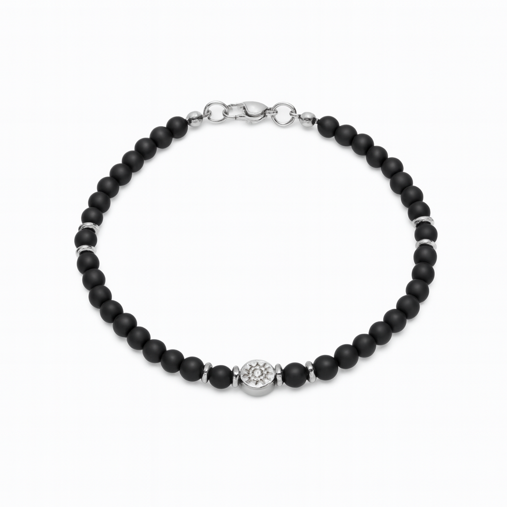 Men's black onyx beaded bracelet featuring a stainless steel evil eye charm, handmade protection jewelry.