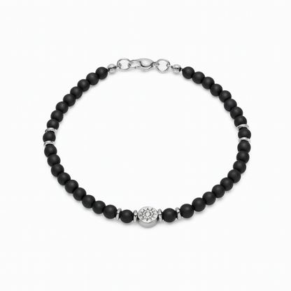 Men's black onyx beaded bracelet featuring a stainless steel evil eye charm, handmade protection jewelry.