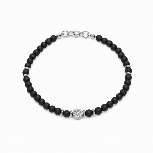 Men's black onyx beaded bracelet featuring a stainless steel evil eye charm, handmade protection jewelry.