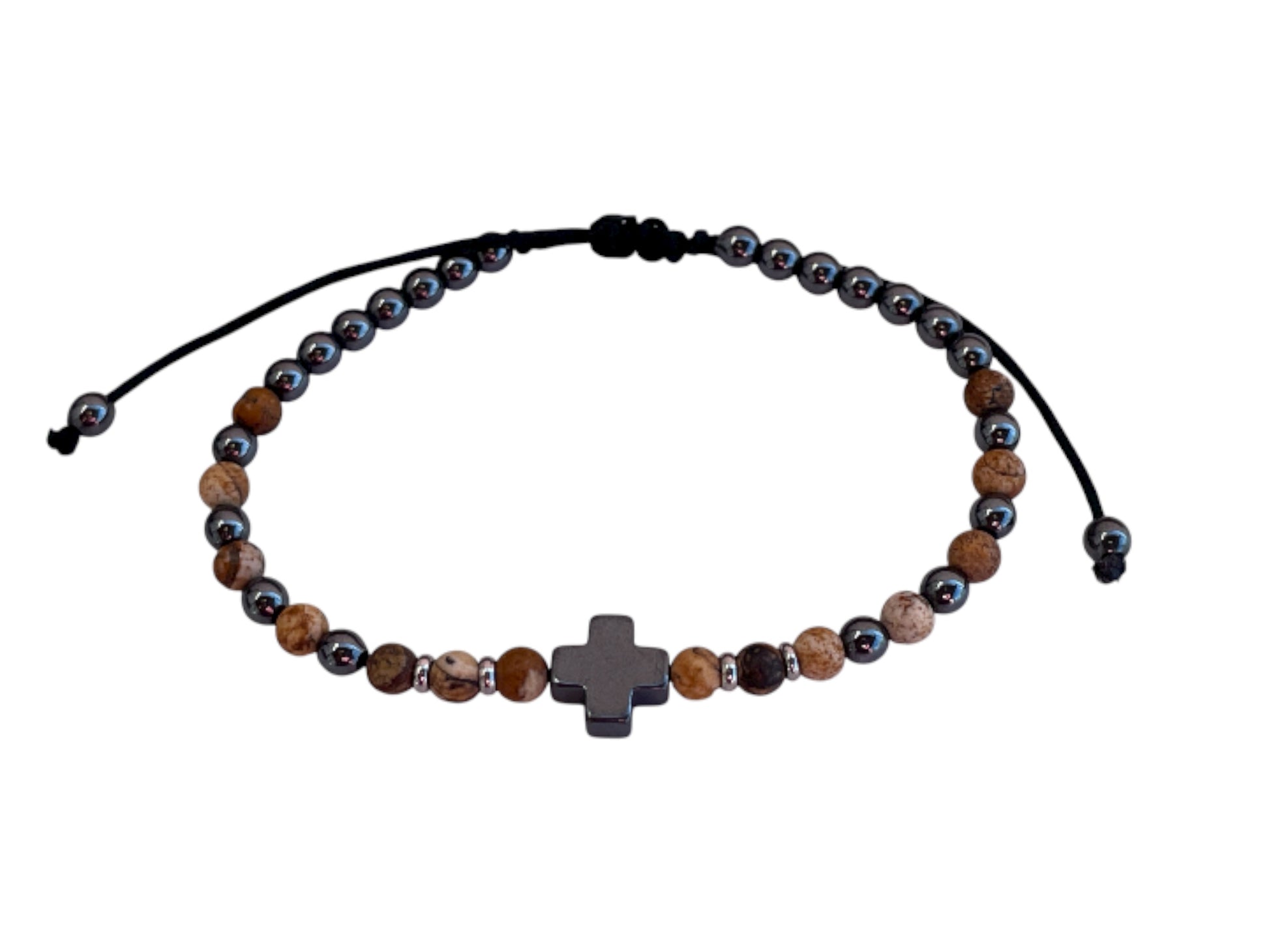 Necklace with beads and a cross pendant on a white background