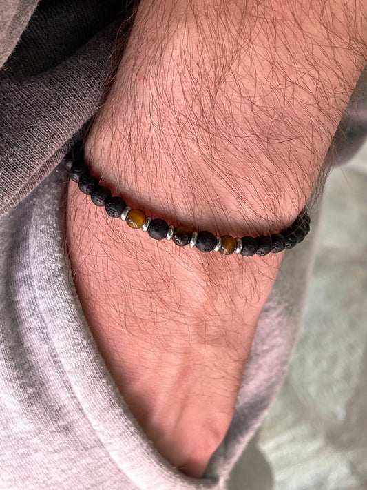 Bracelet homme en pierre de lave et œil de tigre - Cadeau pour lui