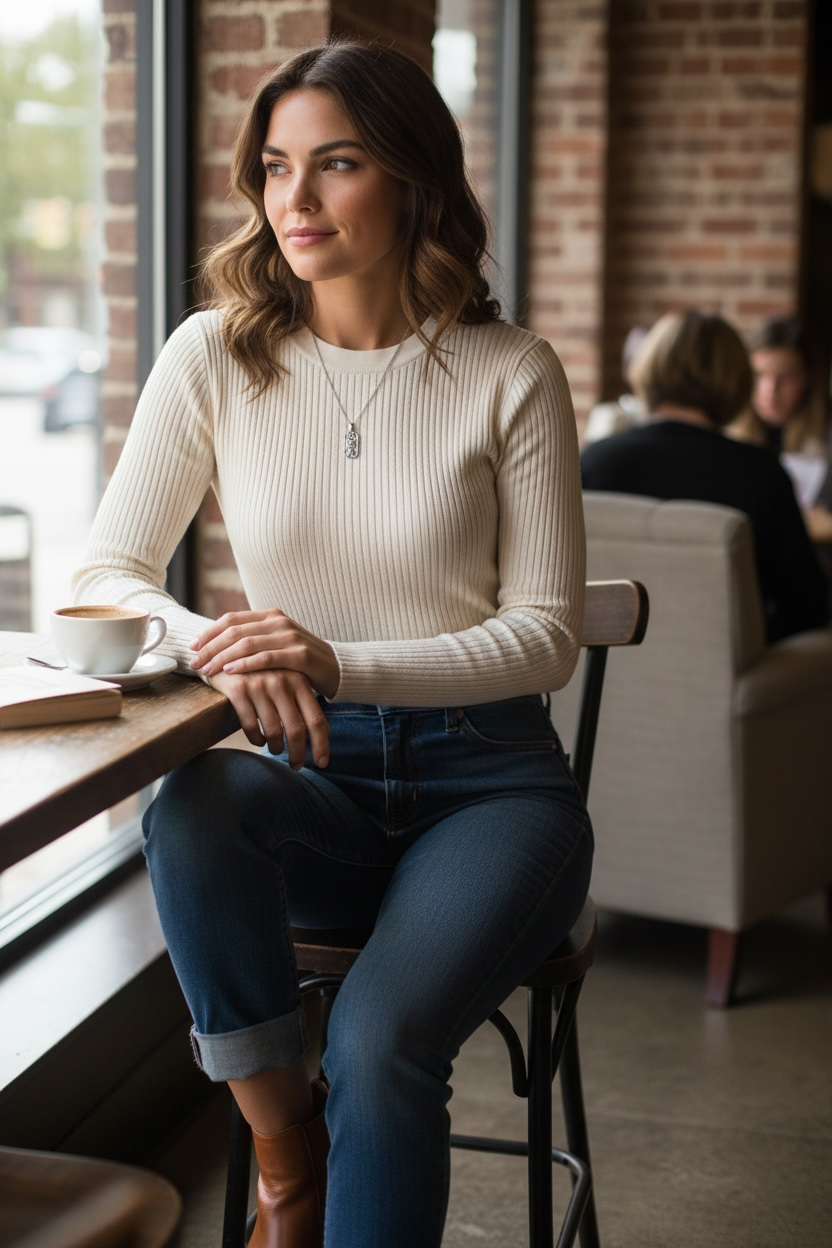 Woman sitting at a cafe table with a cup of coffee, wearing a white sweater and blue jeans.