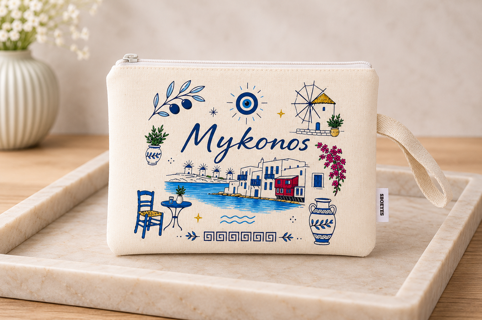 Pouch with 'Mykonos' design on a marble tray