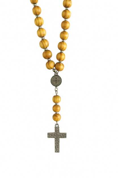 Wooden Rosary Car Charm - Stainless Steel Cross, Rearview Mirror Accessory