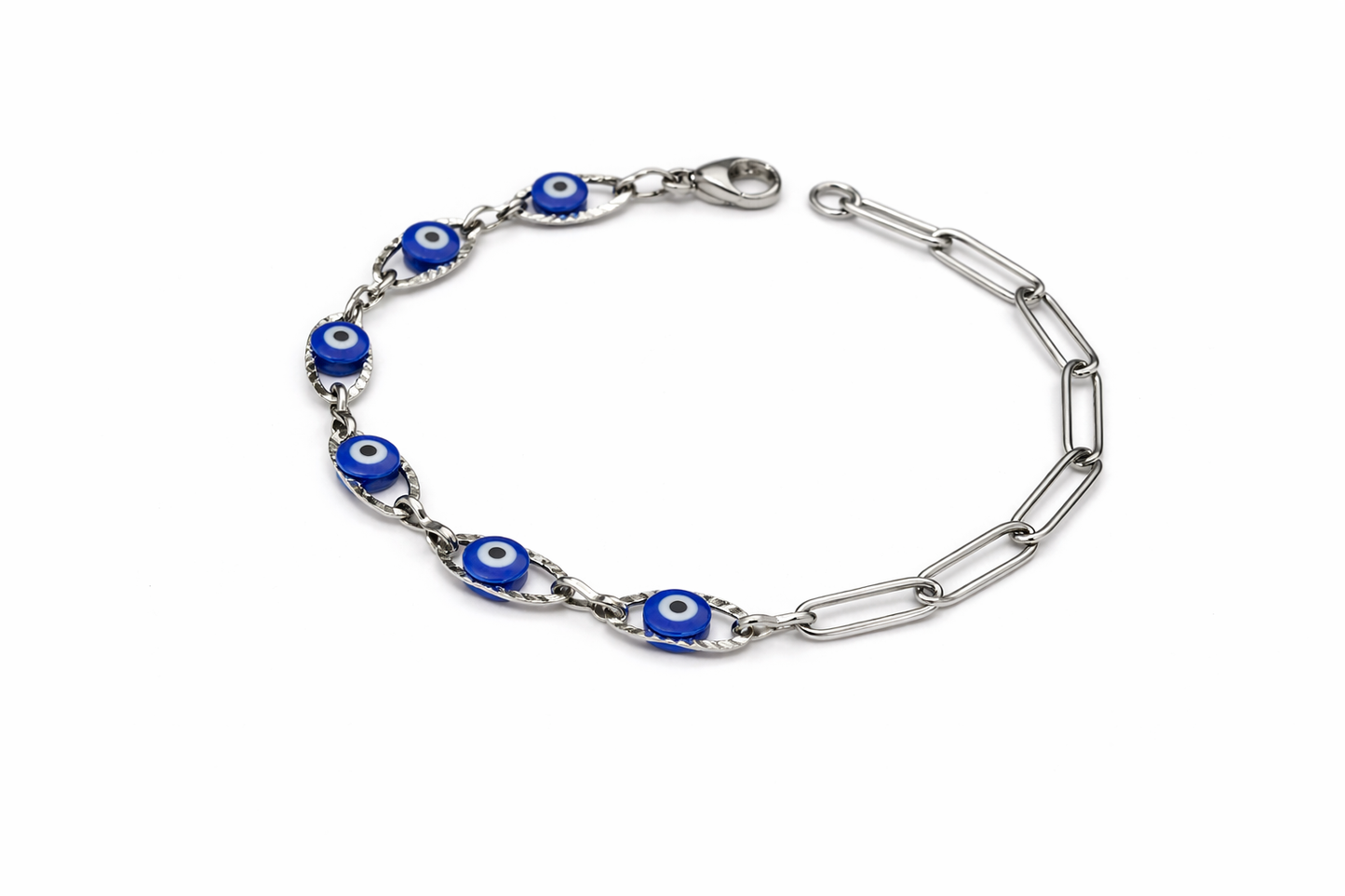 Silver bracelet with blue evil eye charms on a white background