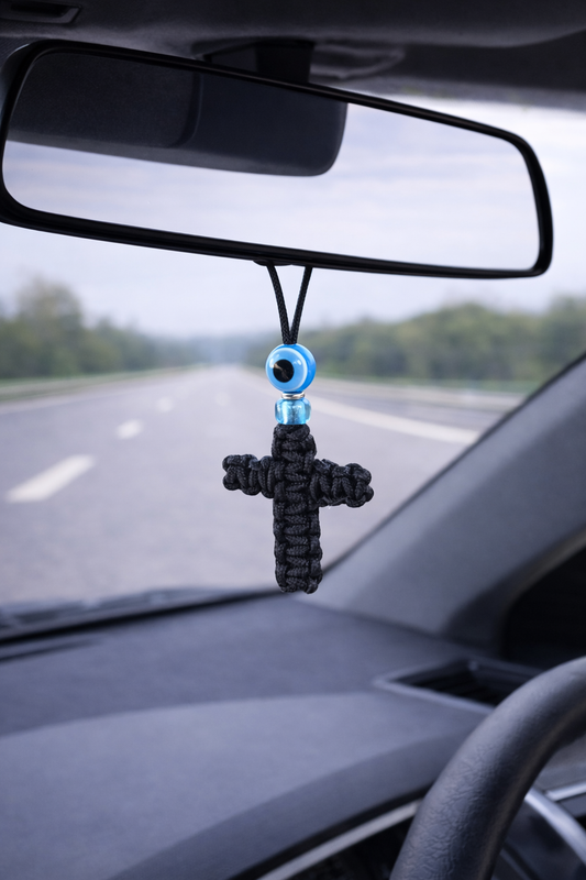 Bijou Retroviseur Croix et Oeil Bleu Macramé