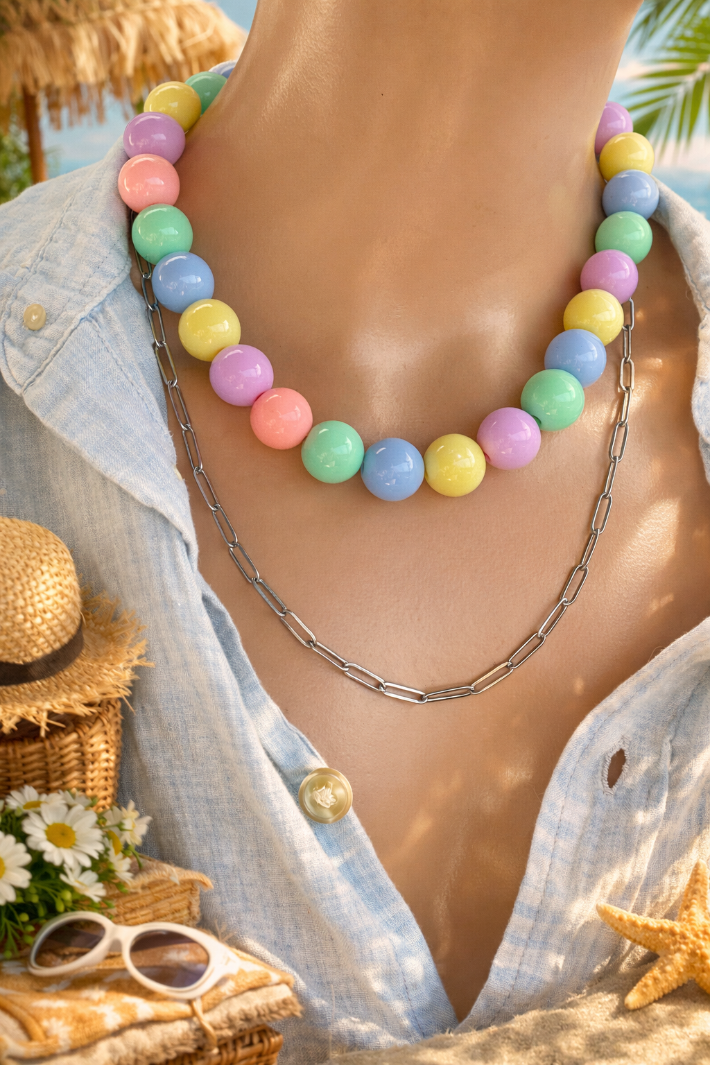 Colorful beaded necklace worn by a person with a beach-themed background