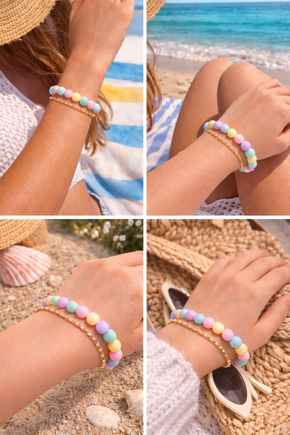 Collage of a person wearing a colorful beaded bracelet on a beach setting.
