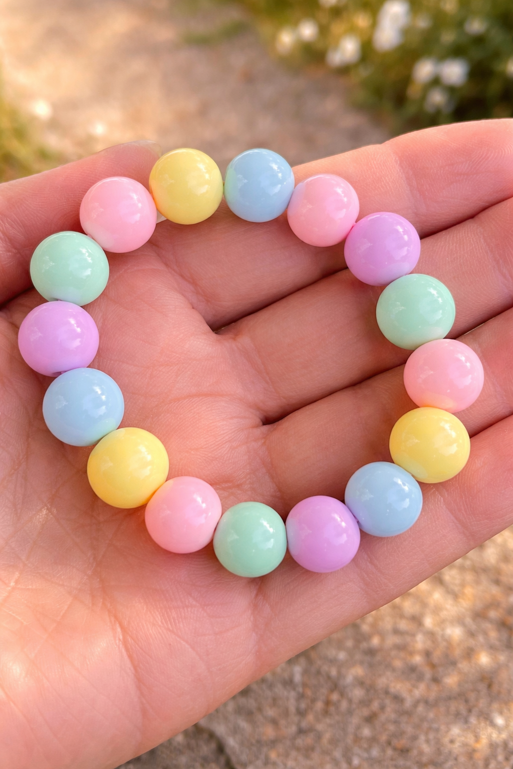 Pastel colored bead bracelet on a hand with a blurred natural background