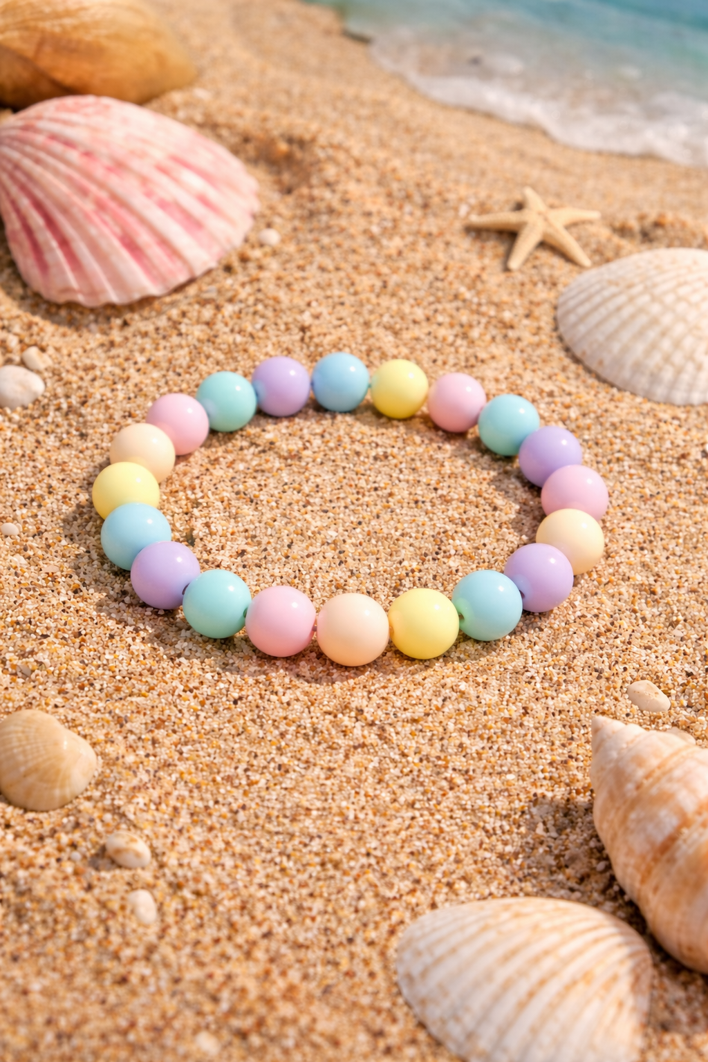 Pastel beaded bracelet on a sandy beach with shells and starfish.