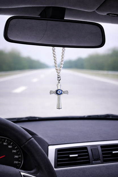Bijou de Rétroviseur Perles Nacrees Oeil Bleu & Croix