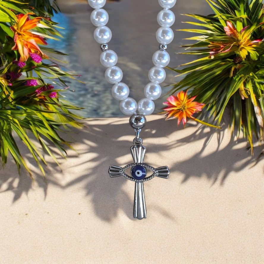 Bijou de Rétroviseur Perles Nacrees Oeil Bleu & Croix