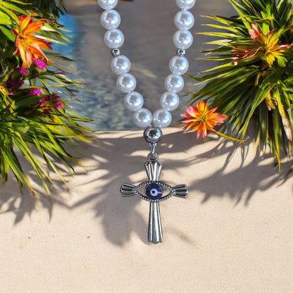 Bijou de Rétroviseur Perles Nacrees Oeil Bleu & Croix