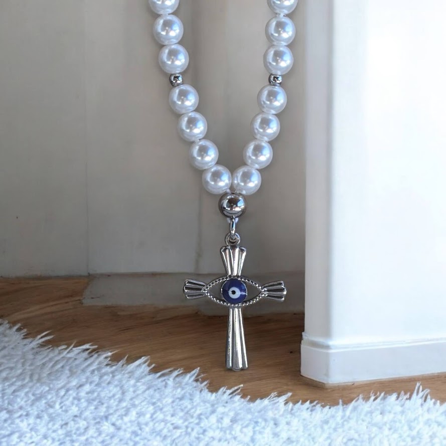 Bijou de Rétroviseur Perles Nacrees Oeil Bleu & Croix