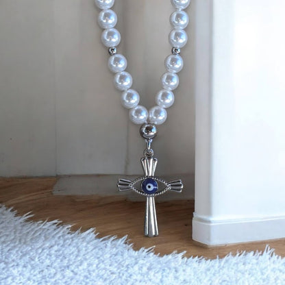 Bijou de Rétroviseur Perles Nacrees Oeil Bleu & Croix
