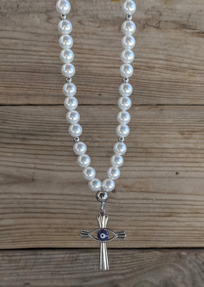 Bijou de Rétroviseur Perles Nacrees Oeil Bleu & Croix