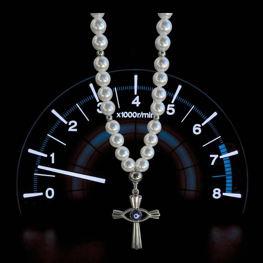 Bijou de Rétroviseur Perles Nacrees Oeil Bleu & Croix