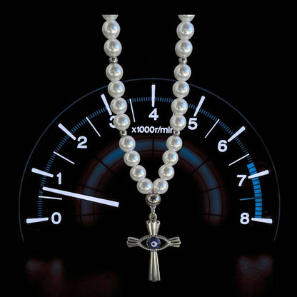 Bijou de Rétroviseur Perles Nacrees Oeil Bleu & Croix