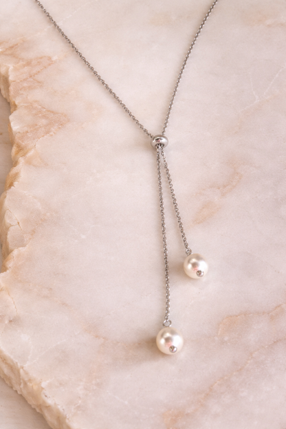 Elegant Swarovski Pearl Lariat Necklace – Stainless Steel Y Chain – Chic & Minimal Jewelry – Bridal Gift
