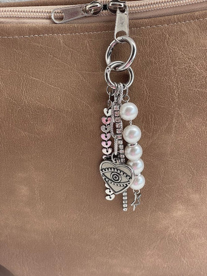 Bijou de Sac Perles Nacrées et Coeur - Acier Inoxydable - Accessoire Sac