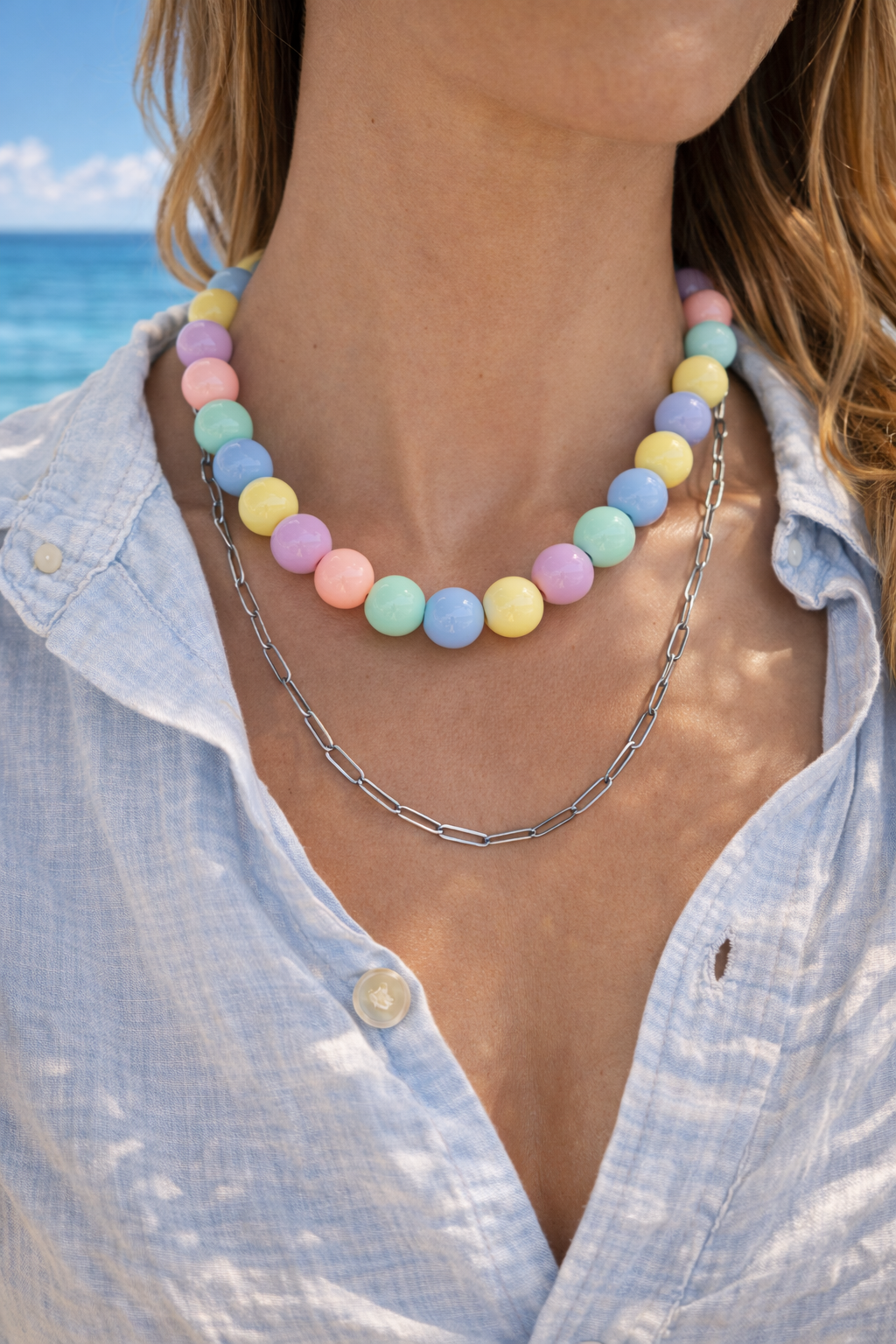 Pastel chunky beaded necklace set featuring colorful acrylic beads, a bold statement jewelry piece handmade in Greece.