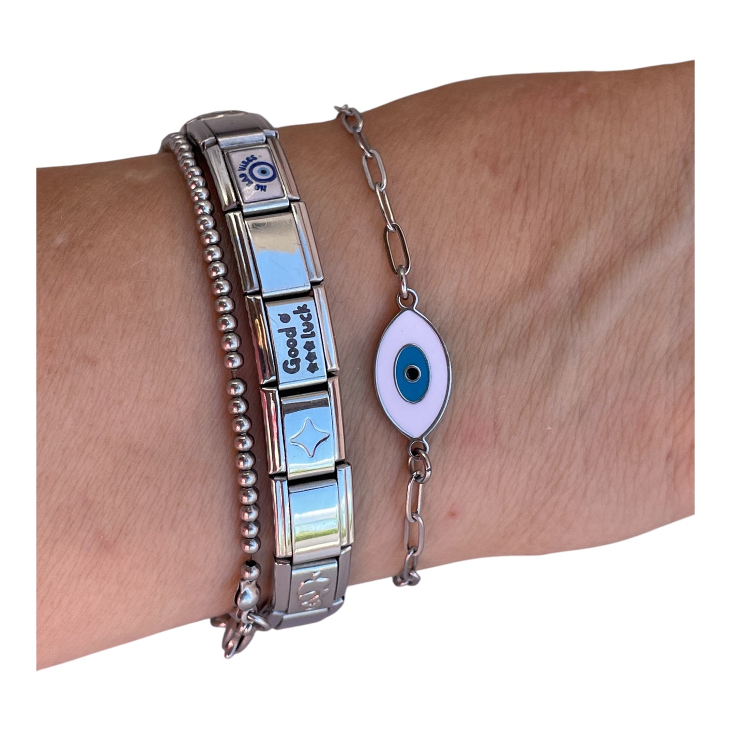 Bracelet Oeil Protecteur en Acier Émaillé & Chaîne Trombone Inoxydable