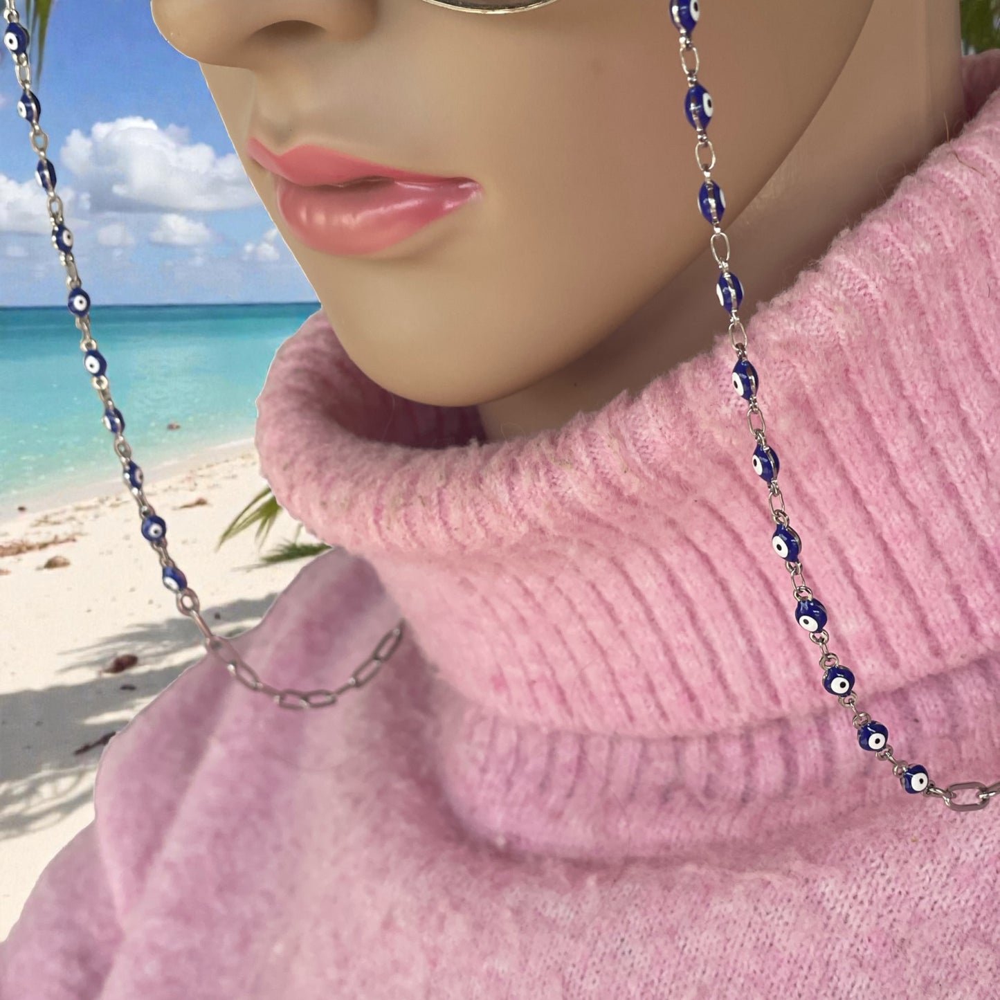 Collier Porte-Lunettes Oeil Bleu – Chaîne en Acier Inoxydable - Chaîne Lunettes Femme