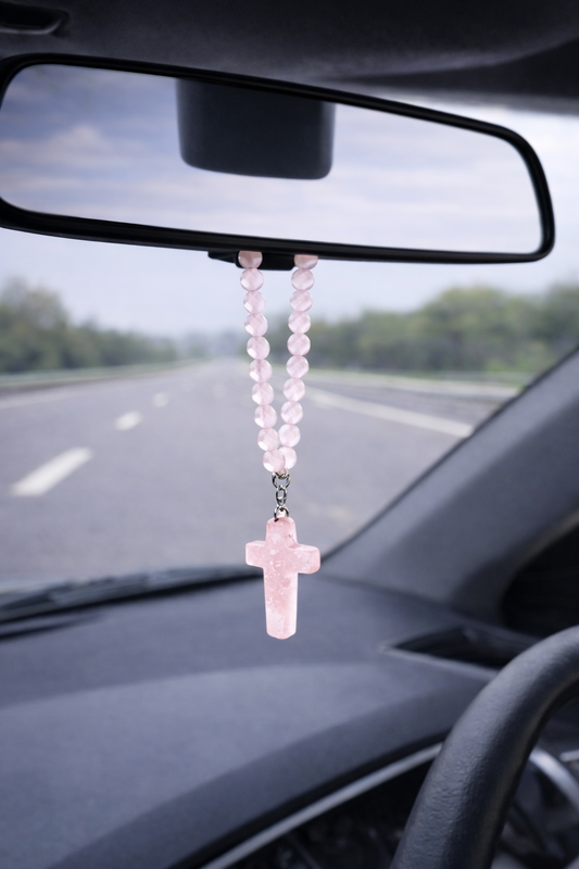 Bijou de retroviseur Croix en Quartz Rose 